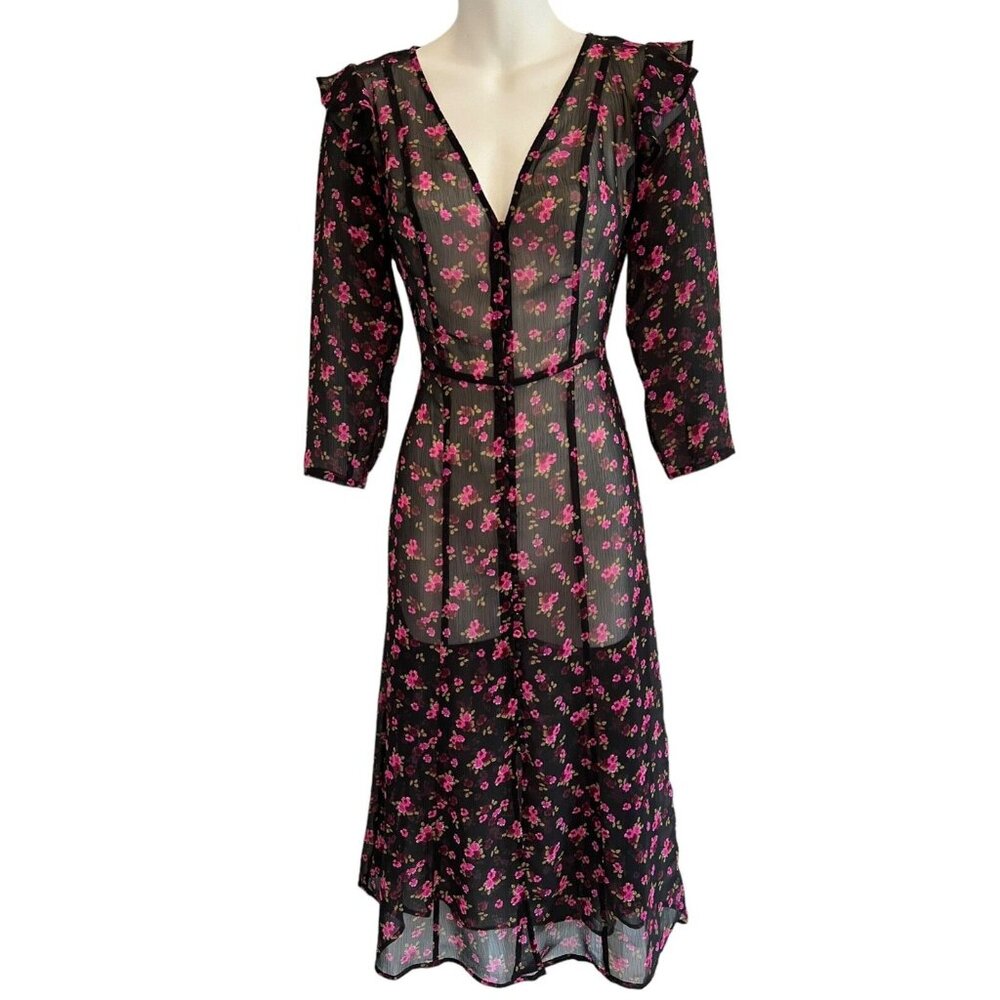 Very Sheer Maxi Black Ditsy Pink Floral Dress XS Chiffon Front Slit Nice Details